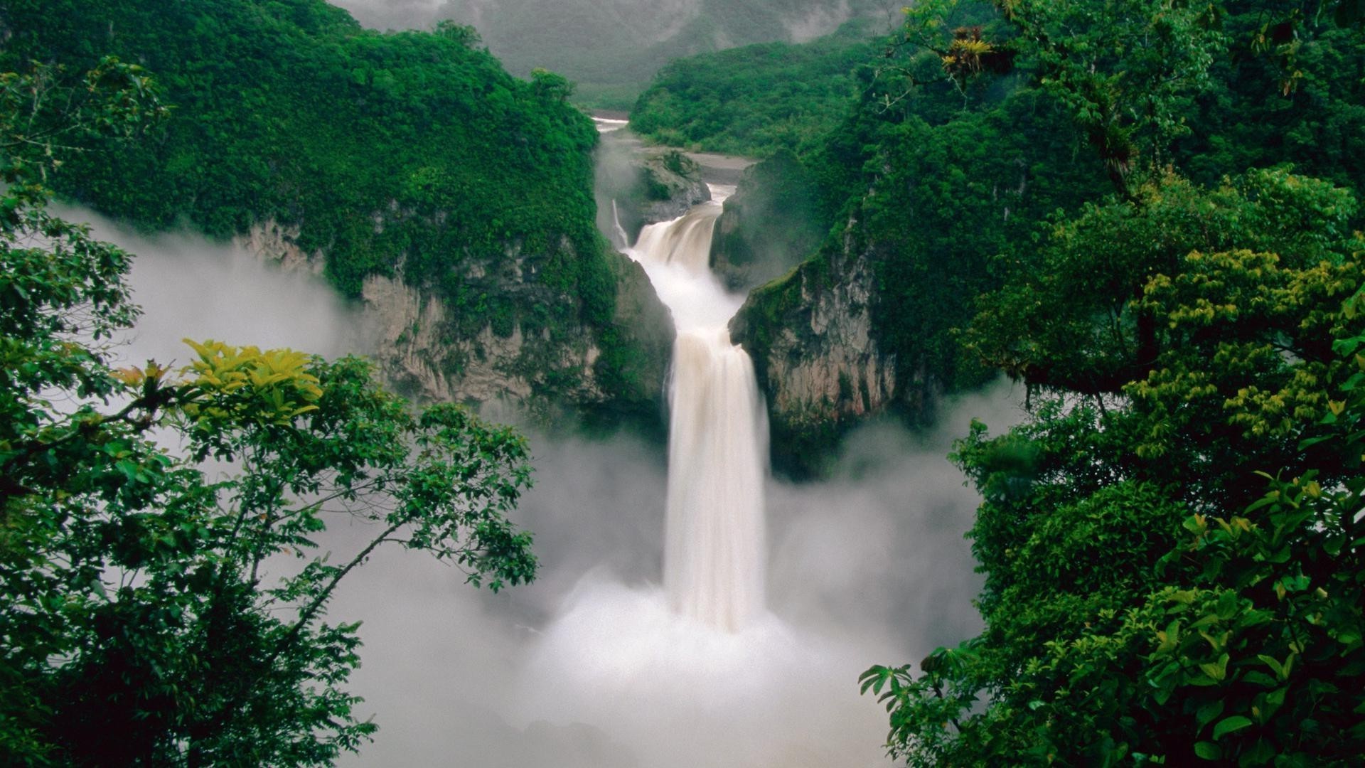 waterfalls water waterfall nature wood travel tree river landscape outdoors leaf mountain rainforest summer rock tropical mist stream lush sky