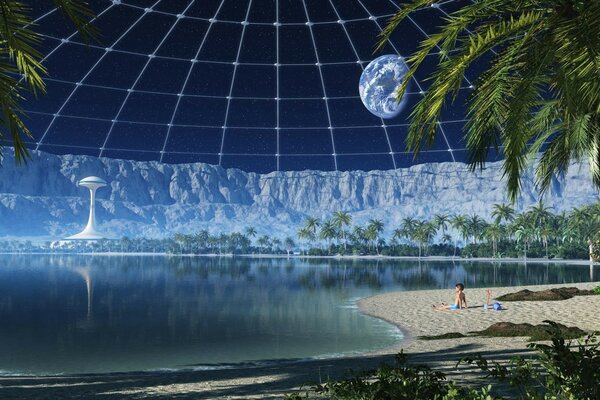 Fantasía playa bajo la cúpula en el espacio