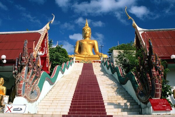 Statua di Buddha in cima alle scale