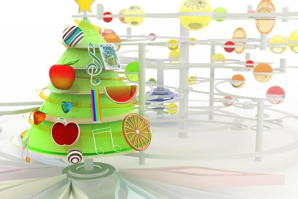 Иллюстрация новогодней елки с разными предметами