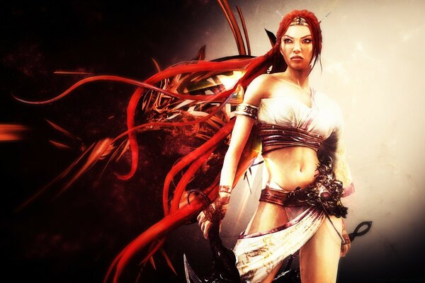 Heavenly sword girl with a red scythe and an axe