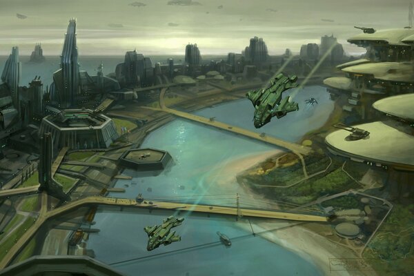 A painted Space City of the future