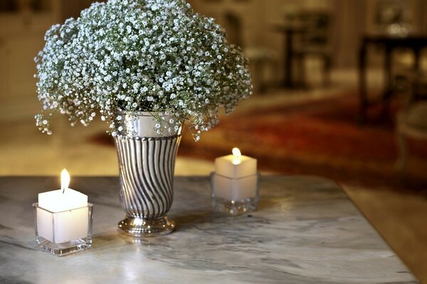 Two candles and flowers in a pot