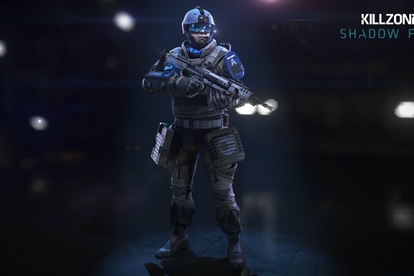 A shot from the game killzone a man in a helmet with a gun