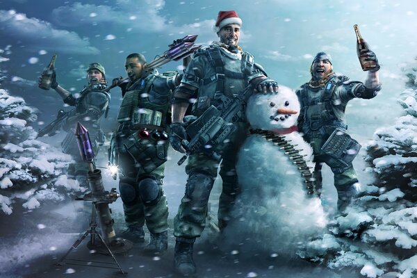 The military celebrates the New Year with a snowman and champagne