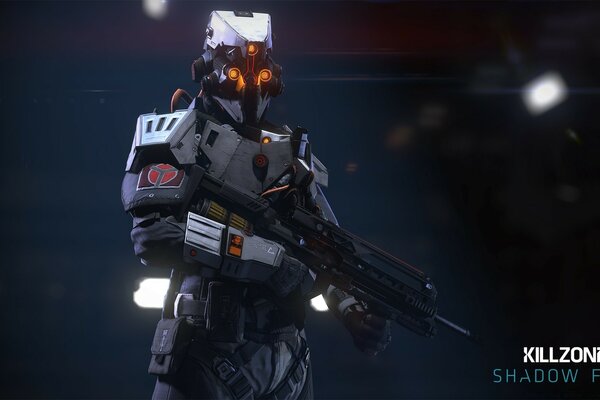 Fotograma del juego killzone futurista hombre robot oscuro con armas