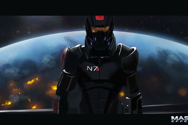 A character from the game mass effect on the background of the moon