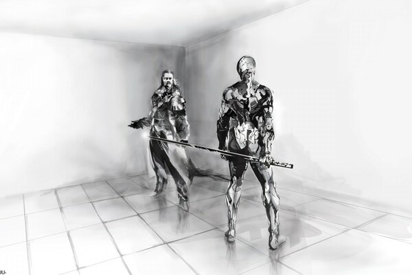 Black and white image of metal gear characters