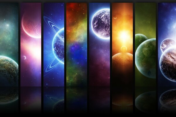 Collage de diferentes planetas brillando