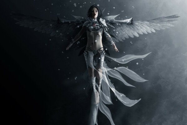 Lonely girl with white wings