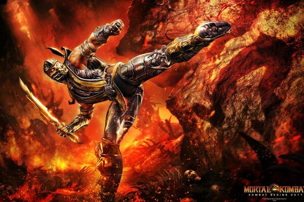 Mortal Kombat sullo sfondo del fuoco con la spada