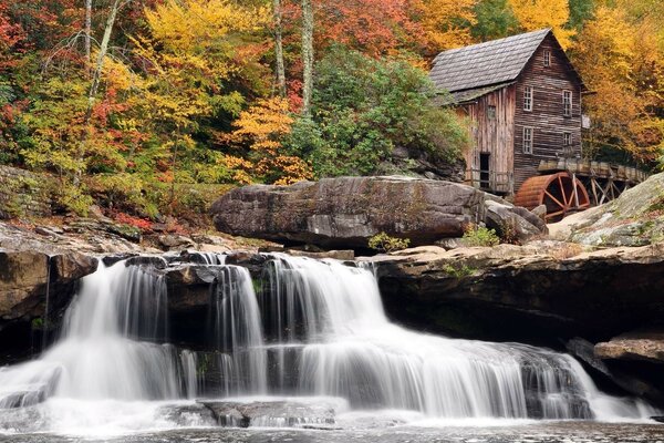 Bosque de otoño con una casa en el borde de una cascada