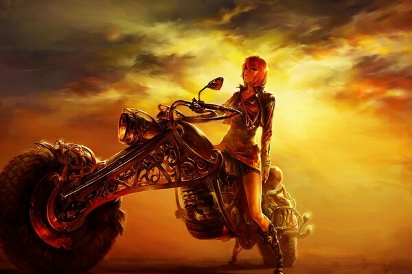 Chica de fantasía en una motocicleta en el fondo de zakatanor