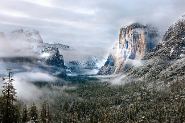 View of the valley and rocks covered with fog