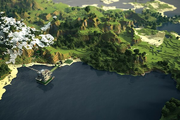 Minecraft游戏的景观。 河流、山脉和森林