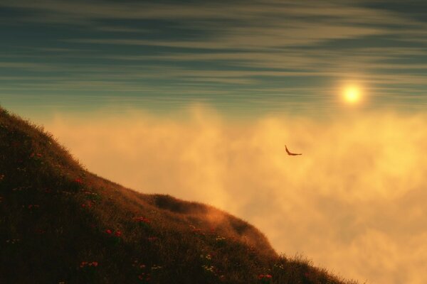 A bird in the fog at dawn