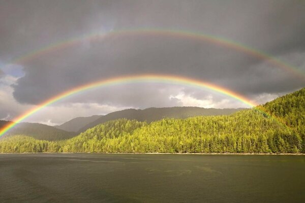 Double arc-en-ciel au-dessus de la rivière. Rivages verts