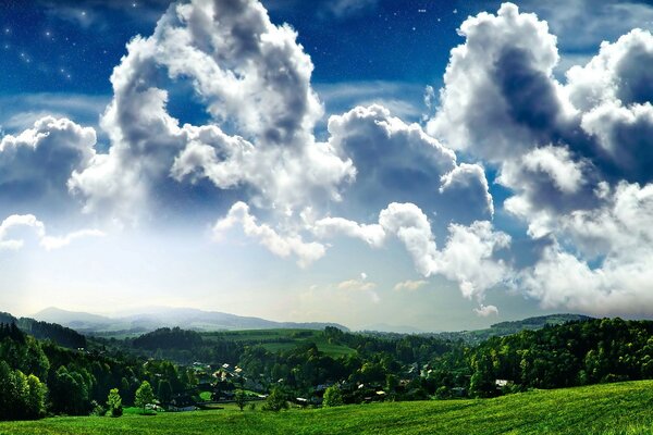 Paysage de la nature avec des prairies et des nuages