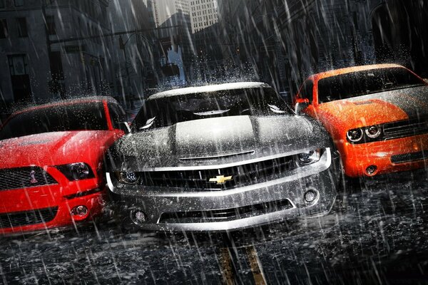 Cars in the city in the rain