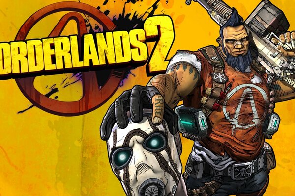 The character of the computer game Borderlands 2 on the background of a yellow wall