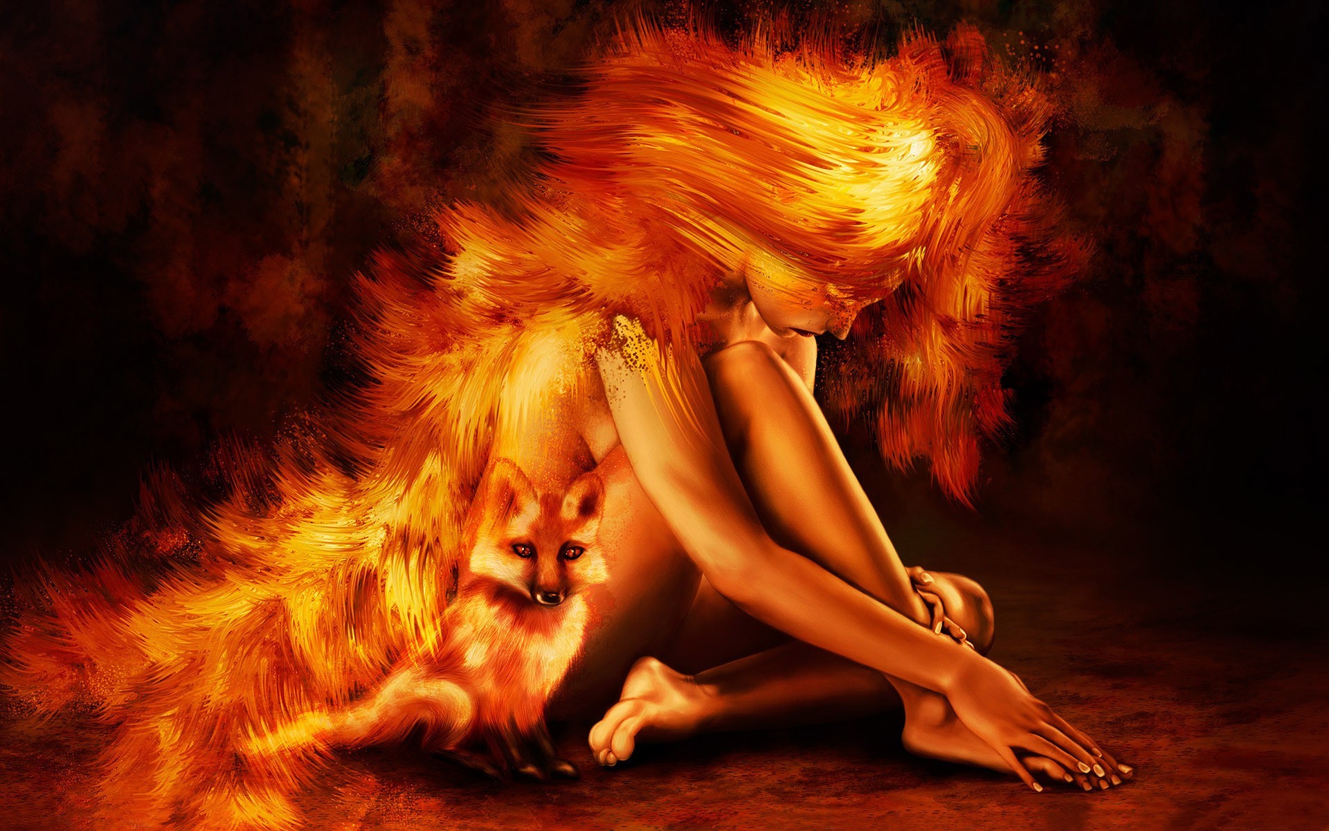 animaux magiques portrait unique femme art fantaisie flamme magie adulte chat chaud