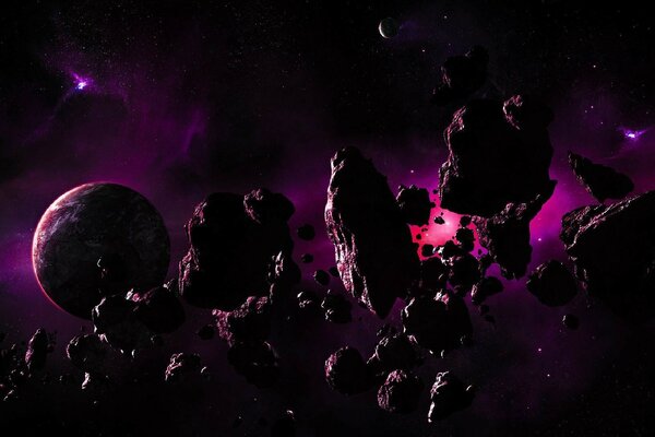 Cluster of asteroids on the background of the planet