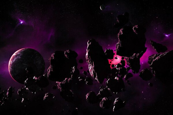 Скопление астероидов на фоне планеты