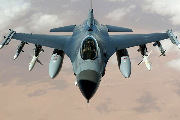 A military fighter flying in the sky