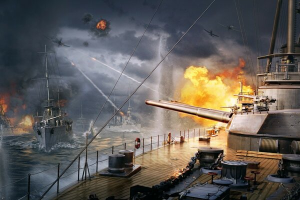 Военные корабли во время воин, вокруг огонь