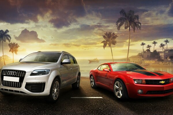 The car is standing on the beach with palm trees