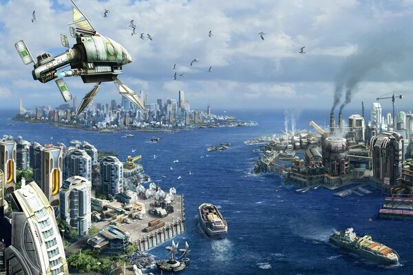 Futuristic landscape, cities on the water, flying apparatus