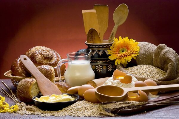 Still life with bread, milk, eggs