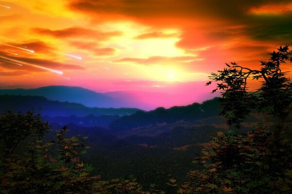 Pôr do sol na floresta e meteoros no céu