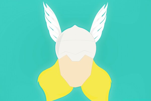 A head without a face in a white helmet with wings and yellow hair