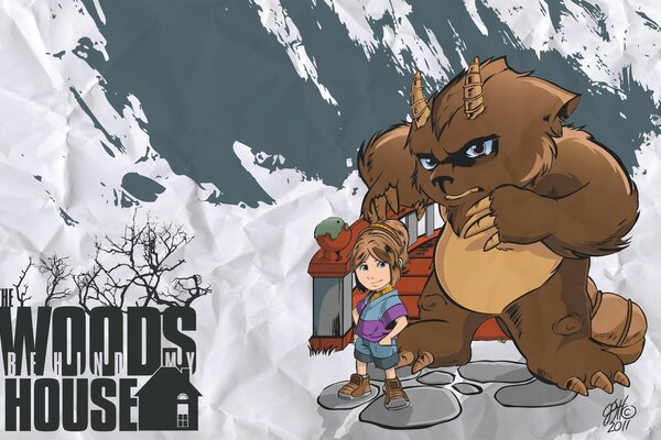 Cartoon illustration with a brown monster and a boy