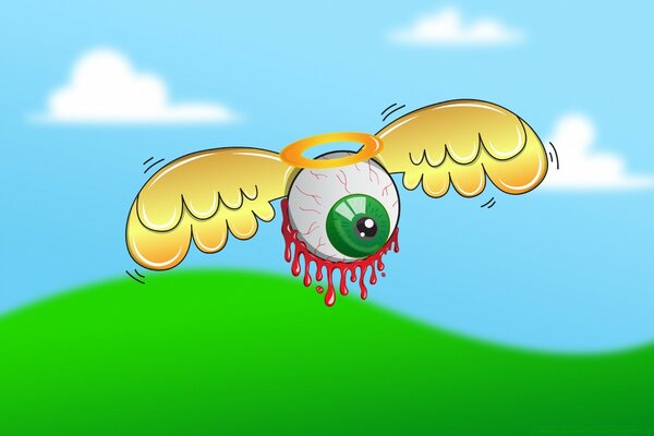 A bloody eye with a halo and wings