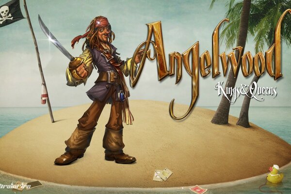 A pirate on an island with a saber in his hands