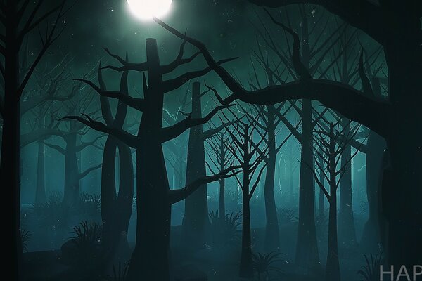 Cartoon image of a dark scary forest