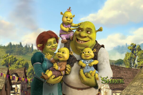 Shrek con la famiglia sullo sfondo di un paesaggio rurale