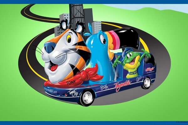 Cartoon animal friends on wheels