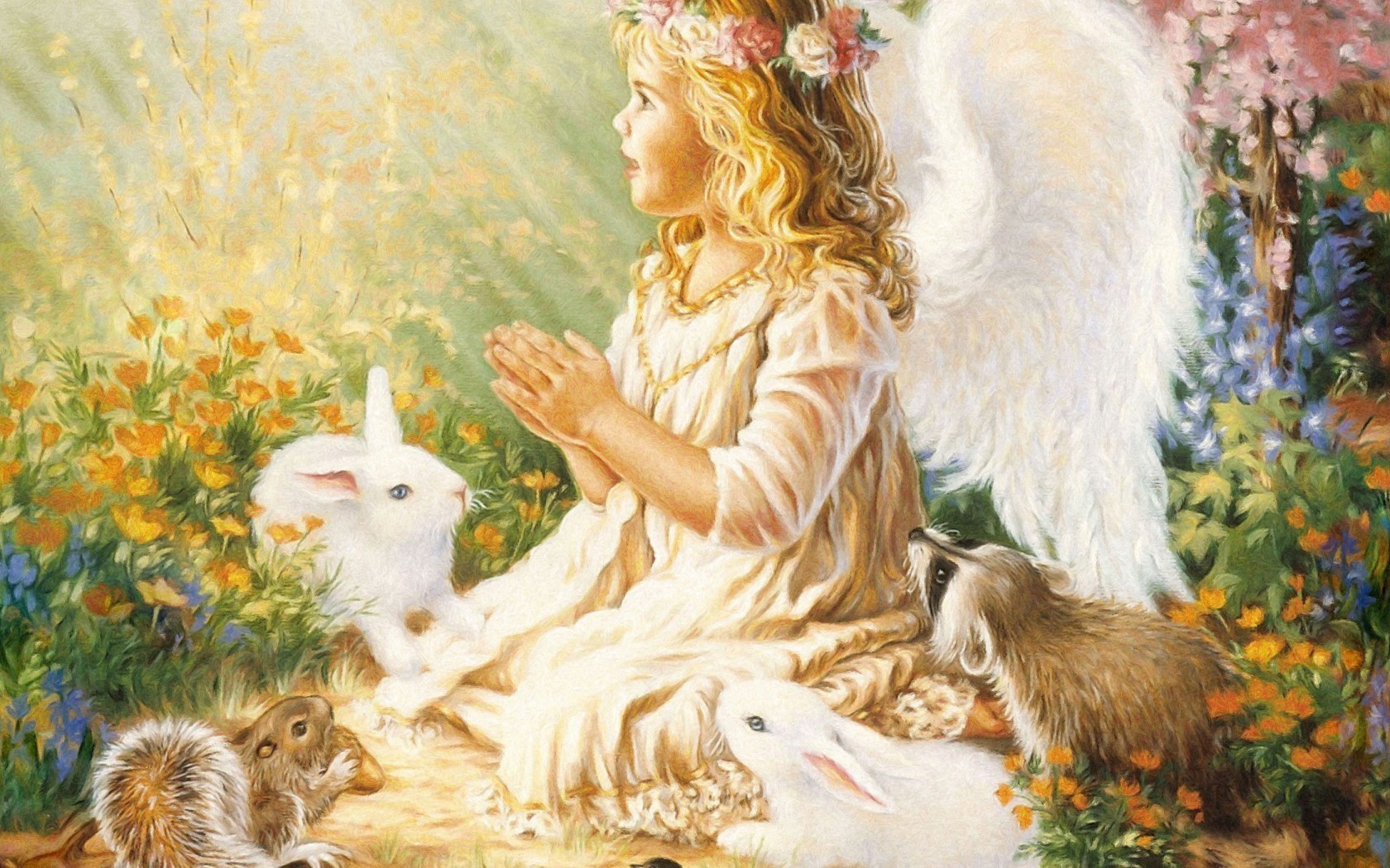 Angel, rabbits, flowers. Android wallpapers for free.