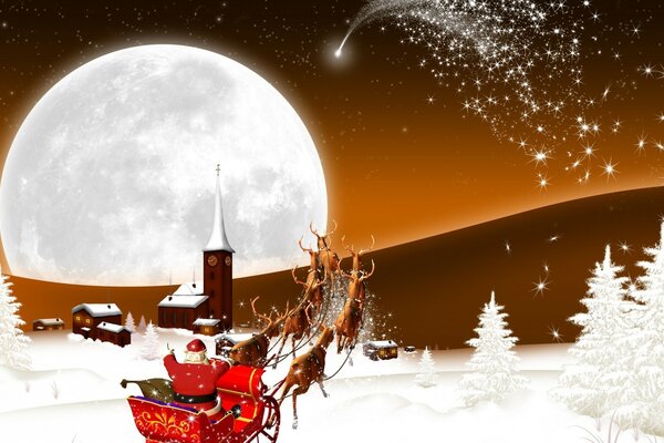 Santa Claus on the background of the moon and shooting stars