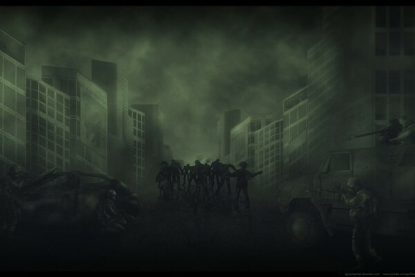 Horror Bilder der Stadt mit Nebel und Zombies