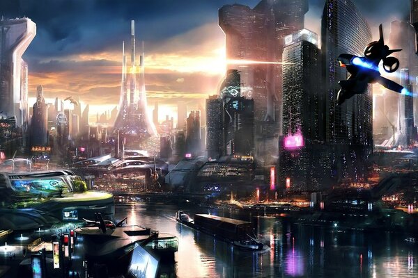 Villes du futur avec des voitures volantes