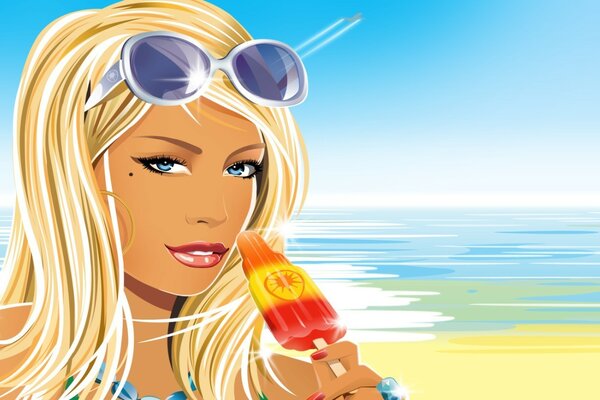 Giovane ragazza con il gelato su un bastone sulla spiaggia