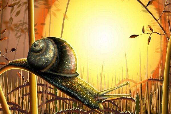 A snail crawls in the grass at sunset