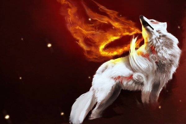 Fantasy White Wolf hurlant fond de feu