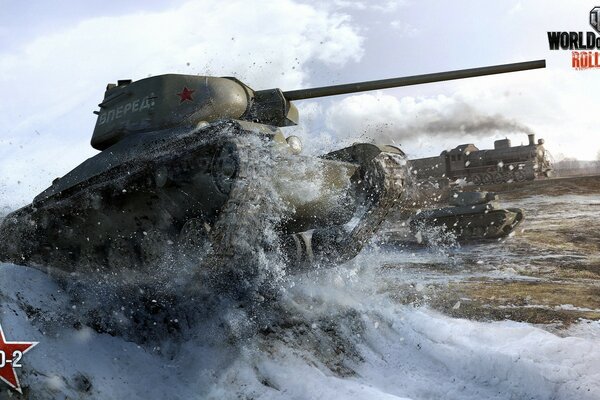 A tank rides through a snowdrift in a game about tanks