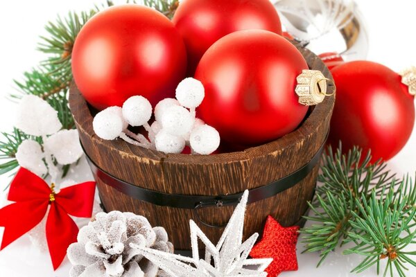 Christmas decorations in a barrel. Winter