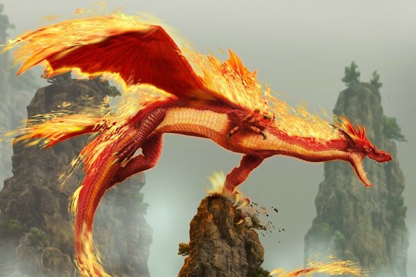 Majestic fire dragon soars in the sky